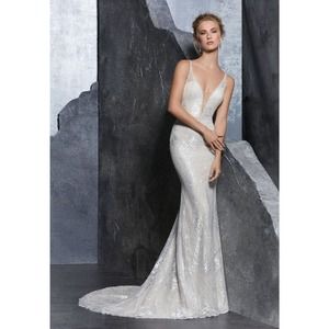 Morilee Kendra 8201 Art Deco Spaghetti Strap Beaded Wedding Dress Ivory Sz 9/10